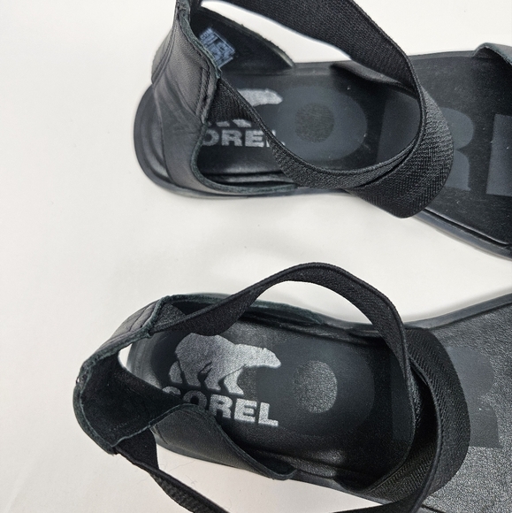 Sorel Sandels Womens Sz 7 Ella II Black Leather Flat Elastic Gore Ankle Strap - Picture 10 of 11